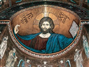 Christus Pantocrator of Christus in Glorie, decoratie van de apsis van de kathedraal van Monreale, Sicilië, Italië