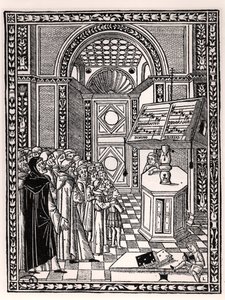 Kerkkoor, illustratie uit Practica Musicae door Franchino Gaffurio (1451-1522), gepubliceerd in Venetië 1512