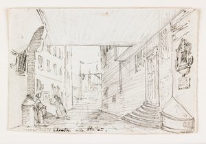Stadsstraat in Genua, met de vuurtoren en haven op de achtergrond door Italian School