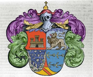 Wapen van navigator Christopher Columbus (1451-1506): de vier delen van het schild vertegenwoordigen bovenaan de stad Castilië en León, onderaan de ontdekte eilanden en de symboolankers van de admiraal. Gravure uit het boek 