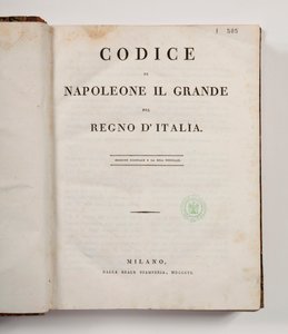 Code Napoleon de Grote voor het Koninkrijk Italië, open op de titelpagina, gepubliceerd Milaan, dalla reale Stamperia, 1806