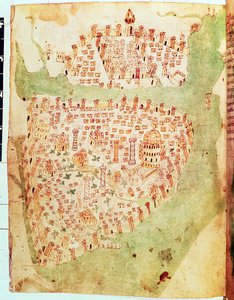 Cotton Vespasian A. XIII, f.36v: Kaart van Constantinopel, c.1450 door Italian School