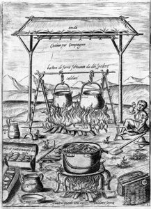 Landelijke keuken: ketels en potten staan op het vuur. Gravure uit “Opera”, boek over gastronomie verdeeld in 6 delen, door Bartolomeo Scappi, persoonlijke kok van paus Pius V. Venetië
