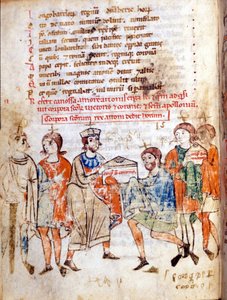 Hof van Mathilde van Canossa (of Gravin Mathilde van Toscane) (1046 - 1115) in ""Vita Mathildis"" door Donizone, manuscript uit de 13e eeuw. Lucca, Bibl, Governativa.