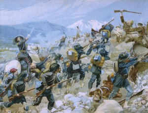 Krimoorlog en de slag bij Chernaya, 16 augustus 1855, illustratie uit een album over de geschiedenis van Risorgimento gemaakt voor de chocolade Talmone, eind 19e eeuw
