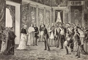 Kroonprins van Duitsland (toekomstige Frederik III) wordt ontvangen door paus Leo XIII in de Troonzaal, Vaticaan, gravure naar tekening door Ximenes naar schets door Dal Don