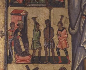 Kruisiging met Verhalen van de Passie: detail met de Geseling van Christus, School van Lucca