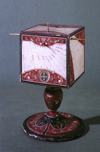 Kubieke zonnewijzer die de tijd toont in oude Italiaanse, Babylonische en Joodse urenstelsels, Florentijns, c.1560