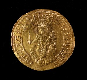 Munt van de Republiek Genua: 12,5 gouden doppie munt. Diam. 61 mm. 1656. Achterkant. Genua Musei di Strada Nuova (inv. 6453)