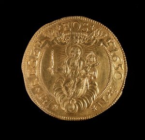 Munt van de Republiek Genua: 12,5 gouden doppie munt. Diam. 61 mm. 1656. achterkant. Genua Musei di Strada Nuova door Italian School