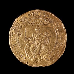 Munt van de Republiek Genua: 20 gouden doppie. Diameter 58 mm. 1645. achterkant. Genua Musei di Strada Nuova