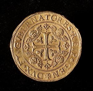 Munt van de Republiek Genua: 20 gouden doppie. Diameter 58 mm. 1645. Voorzijde. Genua Musei di Strada Nuova (inv. M7097) door Italian School