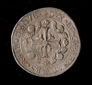 Munt van de Republiek Genua: vijf ecu zilveren munt. Diam. 61 mm. 1693. Voorzijde. Genua Musei di Strada Nuova