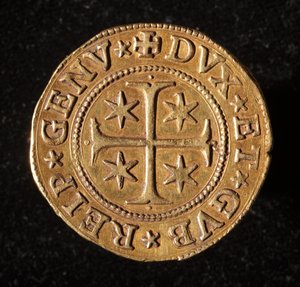 Munt van de Republiek Genua: vijf gouden doppie munt. Diam. 41 mm. 1642. voorkant. Genua Musei di Strada Nuova door Italian School