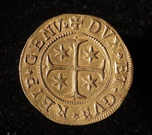 Munt van de Republiek Genua: vijf gouden doppie munt. Diam. 41 mm. 1652. voorkant. Genua Musei di Strada Nuova door Italian School