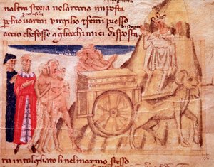 Dante en Vergilius en de wagen en de ossen die de Ark trekken (lied X uit het Vagevuur, in de Goddelijke Komedie) - miniatuur