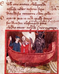Dante en Vergilius op de boot van Phlegyas ontmoeten Filippo Argenti (canto 8 van de Hel, in de Goddelijke Komedie) - miniatuur door Italian School