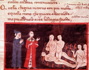 Dante en Virgil omringd door de gewelddadigen (lied 14 uit de Hel, in de Goddelijke Komedie) - miniatuur 14e eeuw
