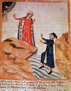 Dante ontmoet Mathelda aan de oever van de Lethe (canto 28 van het Vagevuur, in de Goddelijke Komedie) - miniatuur door Italian School