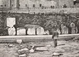 Decoratieve hemicyclus in het Romeinse Forum, Rome, Italië, gravure naar tekening van Dante Paolocci, uit L