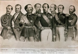 Verdedigers van de Wet en Vrijheid van Italië: van links naar rechts, Generaal Manfredo Fanti (1806-1855), Camillo Benso, Graaf van Cavour (1810-1861), Koning van Sardinië Vittorio Emanuele II (Victor Emmanuel), Generaal Enrico Cialdini (1811-1892)