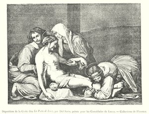 Kruisafneming genaamd La Pieta di Luco, door Del Sarto, geschilderd voor de Camaldulen van Lucco, Collecties van Florence (gravure) door Italian School