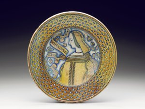 Deruta majolica gelustreerde "Bella Donna" schotel, 1520-30 door Italian School