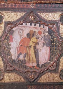 (detail) van een cassone die het verhaal van Saladin en Torello van Istrië toont, door Giovanni Boccaccio