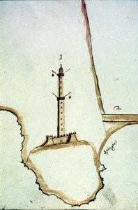 Detail van een handgeschreven topografische kaart uit de 17e eeuw die de positie van de Genua-lantaarn toont.
