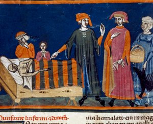 Dokken aan het bed van een zieke. Miniatuur van de Florentijnse school uit een verlengde editie van het Pater noster door Ser Zucchero Bencivenni (MS.II.VI 16) begin 14e eeuw