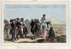Emigratie van Armeniërs naar Rusland. 19e-eeuwse gravure door Italian School