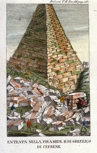 Toegang van Belzoni tot de piramide van Gizeh (Guiseh, Giza) of Chephren (Oude Rijk). Giovanni Battista (Gianbattista) Belzoni (1778-1823), Italiaanse ontdekkingsreiziger en archeoloog, deed belangrijke archeologische ontdekkingen in Egypte. Gravure