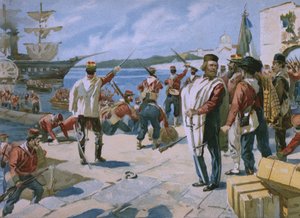 Expeditie van de Duizend onder leiding van Giuseppe Garibaldi, landing bij Marsala, Sicilië, 1860, illustratie uit een album over de geschiedenis van Risorgimento gemaakt voor de chocolade Talmone, eind 19e eeuw