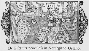 Vissen in de Noorse Oceaan, illustratie uit Historia de Gentibus Septentrionalibus door Olaus Magnus, uitgegeven Rome, 1555