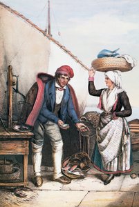 Visverkoper en boer, illustratie uit Kostuums van Istrië, Italië door Italian School