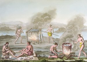 Florida-indianen bereiden en koken voedsel, c.1820