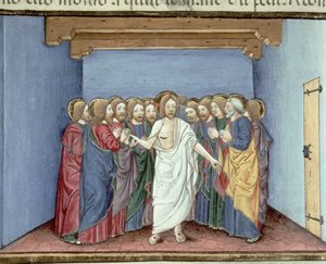 Fol.135v Jezus verschijnt aan de discipelen die onder één dak zijn verzameld uit angst voor de rechters