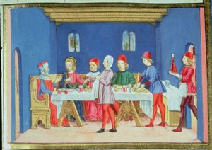 Fol.75v Jezus vraagt tijdens de maaltijd in het huis van de Farizeeër of hij op de sabbat mag genezen