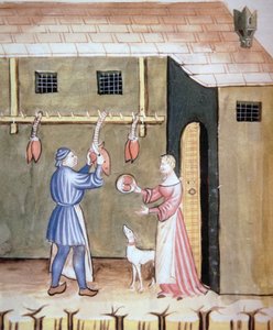 Fol.78v De Slagers: Verkoop van Dierenharten, uit Tacuinum Sanitatis Codex Vindobonensis