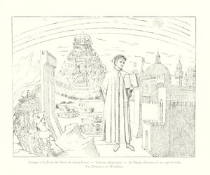 Fresco bij de Porta dei Servi van Santa Croce, Allegorisch schilderij, Dante, Florence en de zeven cirkels, door Domenico di Michelino (gravure)