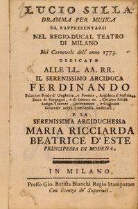 Frontispice van Mozarts Lucio Silla, uitgevoerd in Milaan in 1773