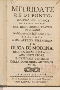 Frontispice van een vroege kopie van Mitridate, re di Ponte, een opera van Wolfgang Amadeus Mozart, 1770