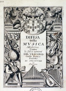 Frontispice van Verdediging van moderne muziek: tegen de valse mening van bisschop Cirillo Franco, door koning Jacobus IV van Portugal door Italian School