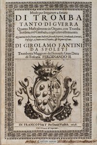 Frontispice van Modo per imparare a sonare di tromba methode om trompet te leren spelen door Girolamo Fantini (1600-1675).
