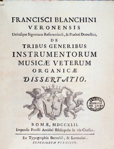 Frontispice van "de Tribus Generibus Instrumentorum Musicae Veterum" werk over oude muziekinstrumenten door Francesco Bianchini