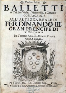 Frontispice van de partituur van Balletti a tre, opera III door Tomaso Albinoni (1671-1750).