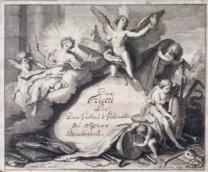 Frontispice van de partituur van Due trietti per due violini e violoncello door Luigi Boccherini. door Italian School