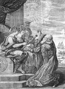 Galileo, astronoom (1564 - 1642) presenteert de telescoop aan de drie gratiën. Met zijn rechterhand wijst hij naar de planeet Jupiter met zijn satellieten die hij zelf ontdekte en opdroeg aan de Medici-familie. Frontispice van 