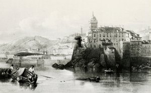 Genua marina muur met Villa Doria Pamphili op de achtergrond, gravure, ca. 1850, Italië door Italian School