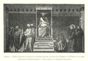 Giotto, Sint Franciscus in aanwezigheid van de Sultan zweert door de vlammen te lopen als de Prins en zijn gevolg het christendom omarmen, Santa Croce, Baroncelli Kapel